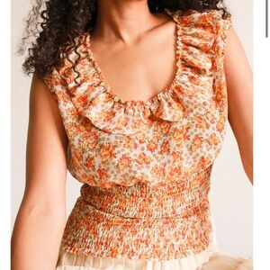 🟠NWT ALLEN B Ruffled Smocked-Waist Top in Orange Blossom Print XL